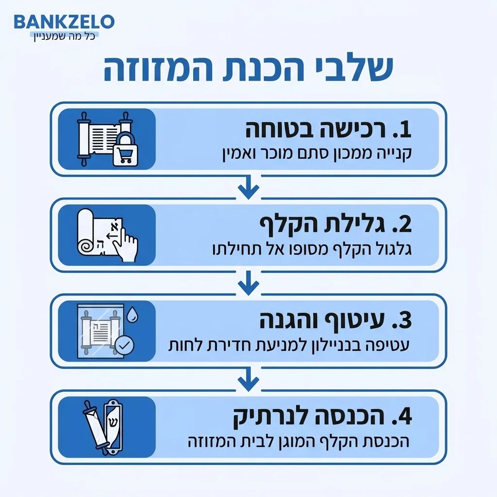 אינפוגרפיקה — שלבי הכנת המזוזה: רכישה בטוחה, גלילת הקלף, עיטוף והגנה, הכנסה לנרתיק