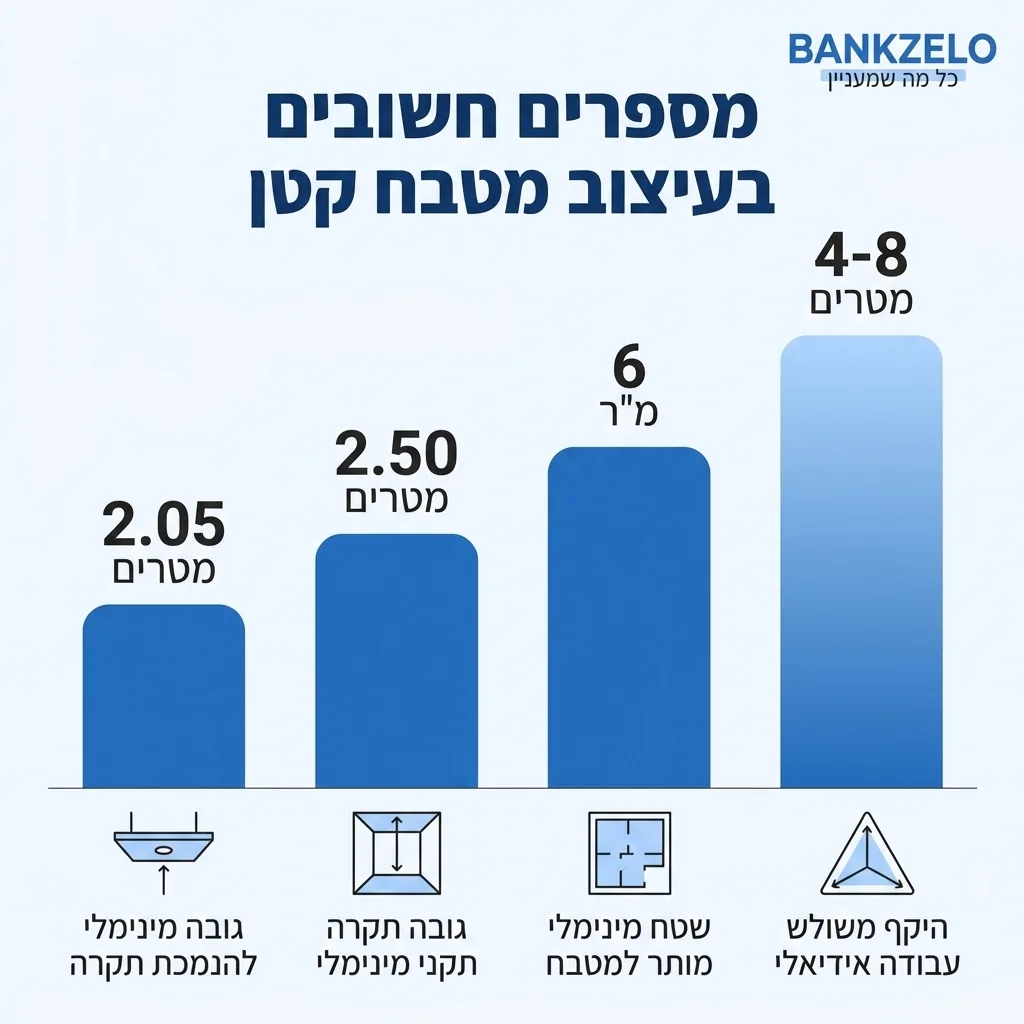 אינפוגרפיקה — מספרים חשובים בעיצוב מטבח קטן: היקף משולש עבודה אידיאלי, שטח מינימלי מותר למטבח, גובה תקרה תקני מינימלי, גובה מ
