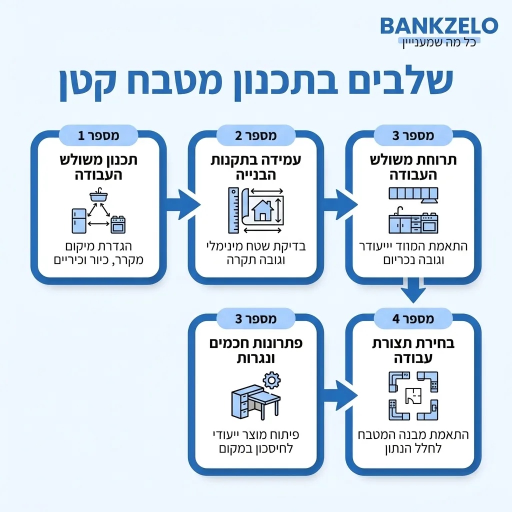 אינפוגרפיקה — שלבים בתכנון מטבח קטן: תכנון משולש העבודה, עמידה בתקנות הבנייה, פתרונות חכמים ונגרות, בחירת תצורת עבודה