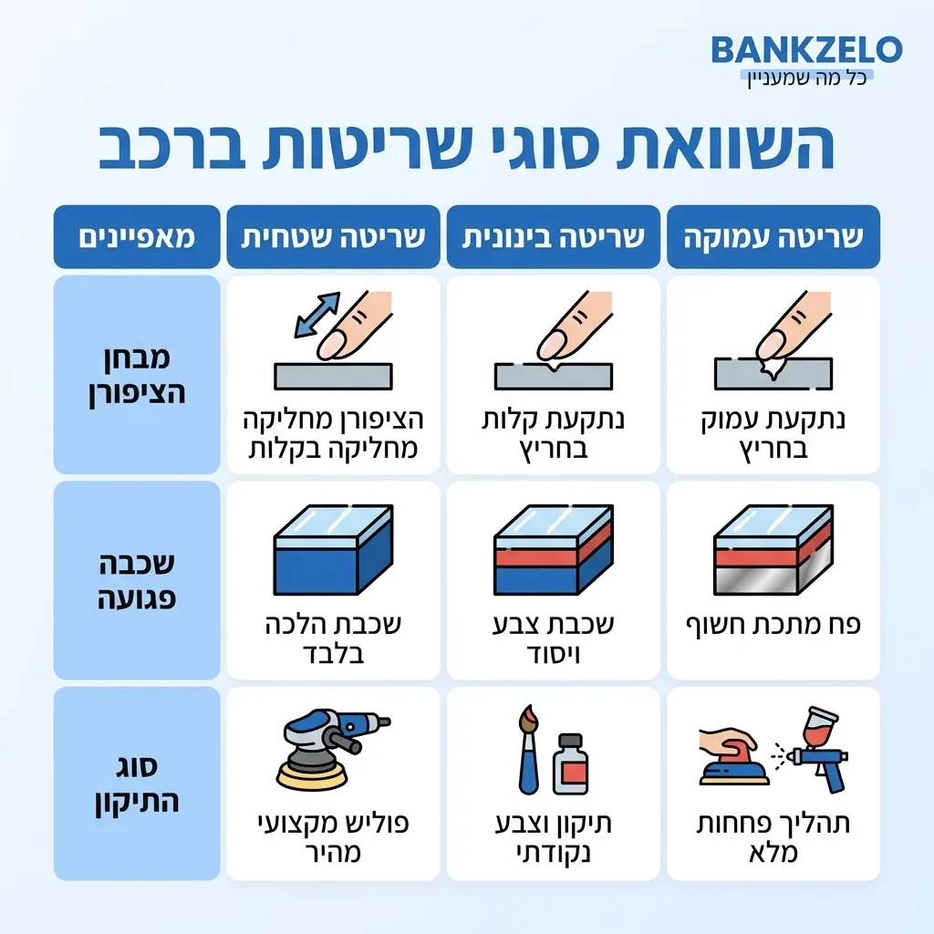 אינפוגרפיקה — השוואת סוגי שריטות ברכב: השוואה בין שריטה שטחית, שריטה בינונית, שריטה עמוקה