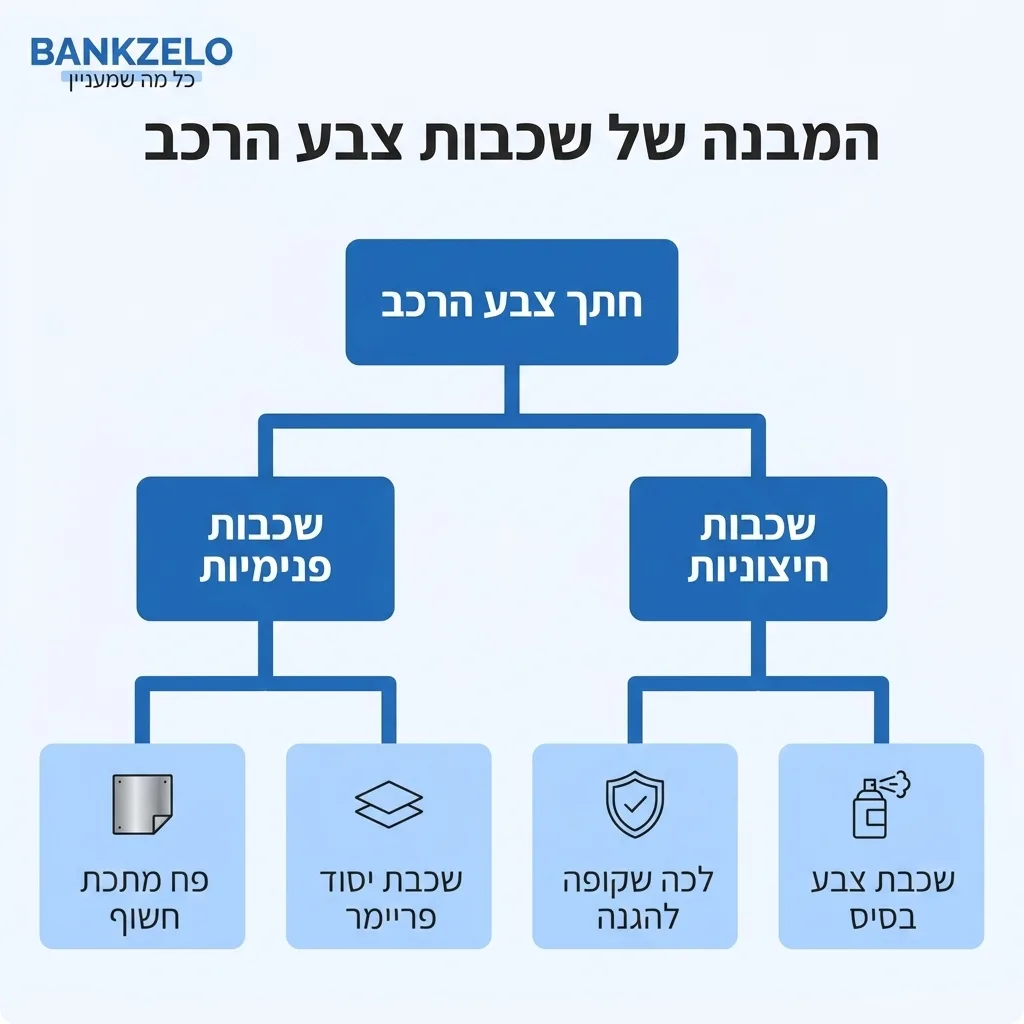אינפוגרפיקה — המבנה של שכבות צבע הרכב: חתך צבע הרכב