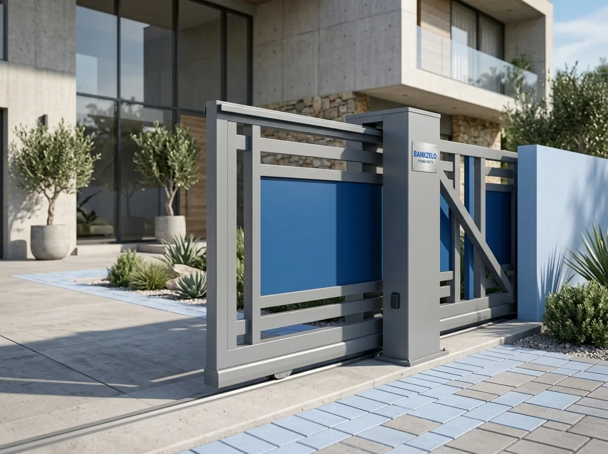 צילום ריאליסטי של שער הזזה מאלומיניום אפור בחזית וילה מודרנית, נפתח על מסילה מבטון, תאורת יום טבעית חזקה, צילום איכותי ממוקד