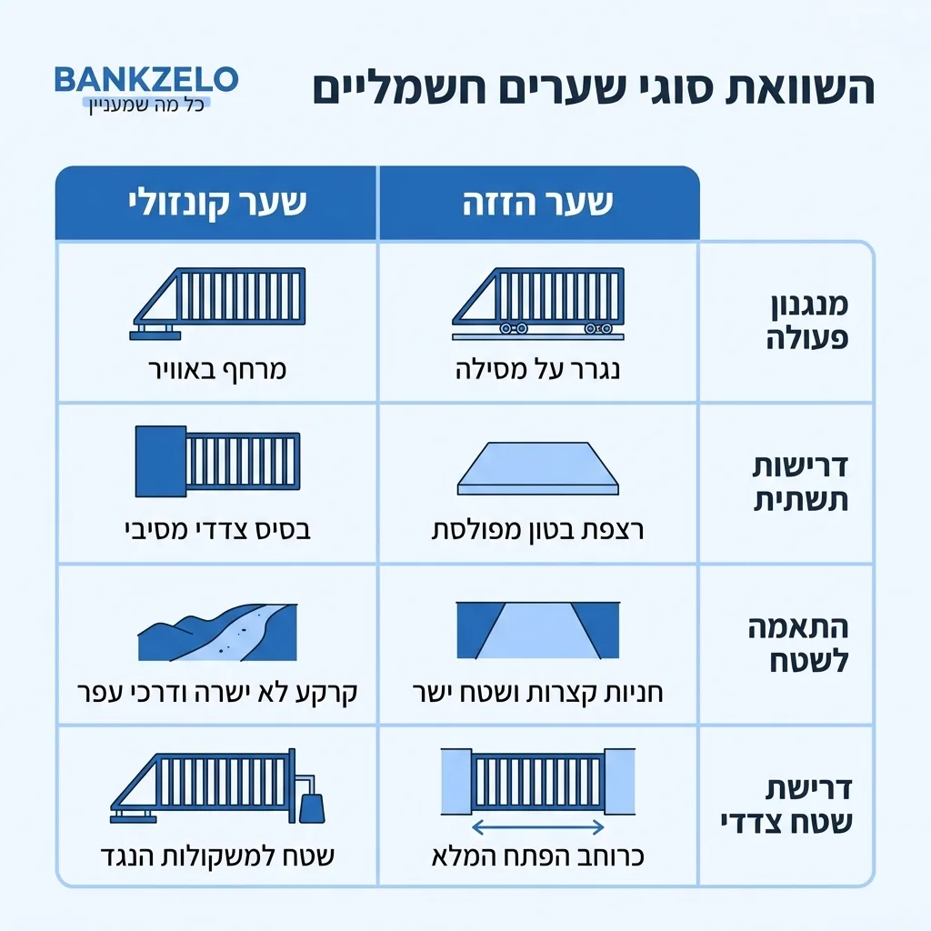 אינפוגרפיקה — השוואת סוגי שערים חשמליים: השוואה בין שער הזזה, שער קונזולי
