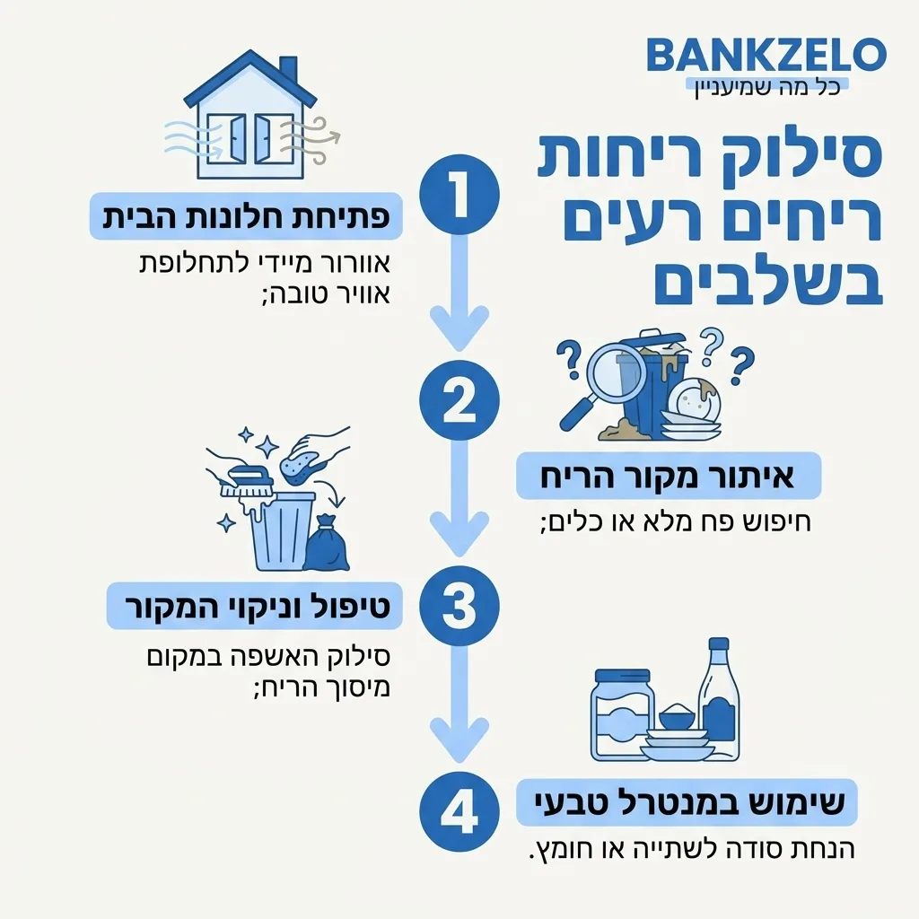 אינפוגרפיקה — סילוק ריחות רעים בשלבים: פתיחת חלונות הבית, איתור מקור הריח, טיפול וניקוי המקור, שימוש במנטרל טבעי