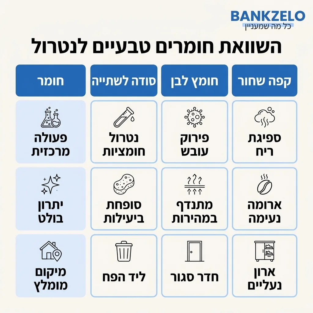 אינפוגרפיקה — השוואת חומרים טבעיים לנטרול: השוואה בין סודה לשתייה, חומץ לבן, קפה שחור