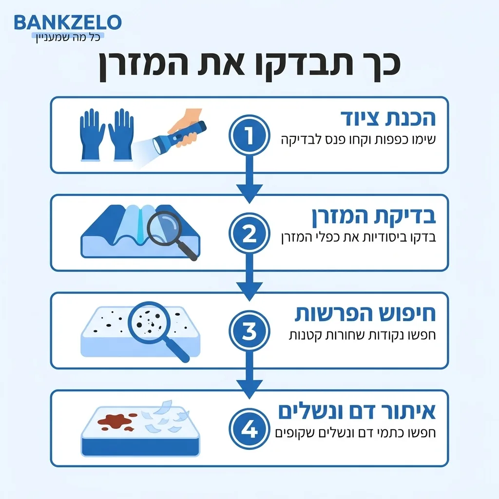 אינפוגרפיקה — כך תבדקו את המזרן: הכנת ציוד, בדיקת המזרן, חיפוש הפרשות, איתור דם ונשלים