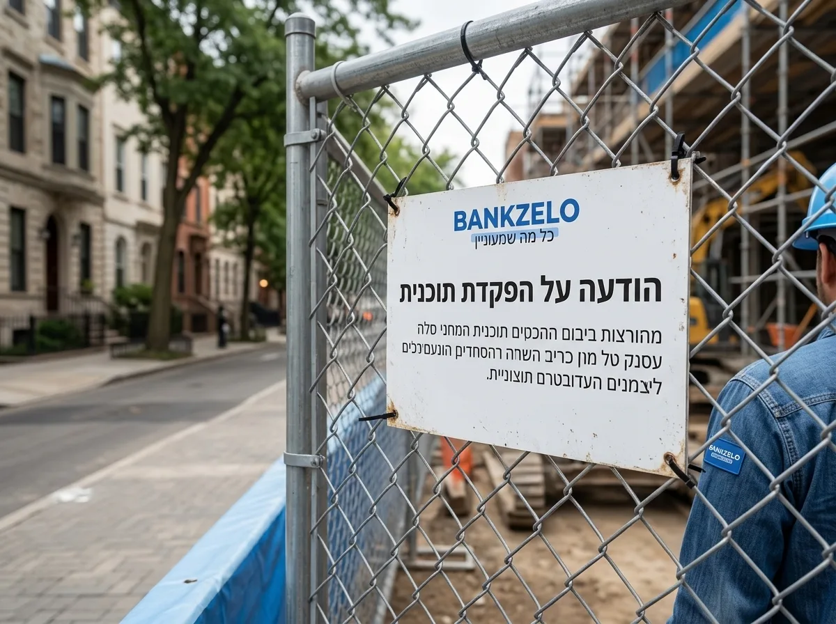 צילום תקריב פוטו-ריאליסטי של שלט לבן המוכרז כ-'הודעה על הפקדת תוכנית' תלוי על גדר רשת באתר בנייה, ברקע בתים ורחוב עירוני מטופח