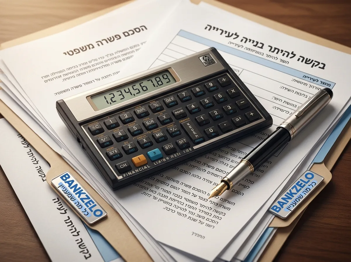 צילום תקריב של מחשבון פיננסי מקצועי מונח על מסמכים משפטיים וטפסי עירייה, עם עט יוקרתי לצידו, תאורה חמה ופוקוס על המסך של המחשבון