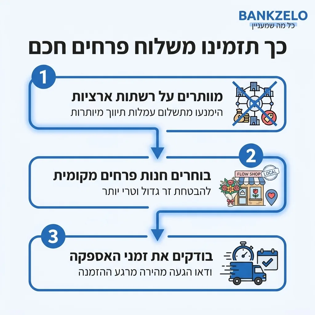 אינפוגרפיקה — כך תזמינו משלוח פרחים חכם: מוותרים על רשתות ארציות, בוחרים חנות פרחים מקומית, בודקים את זמני האספקה