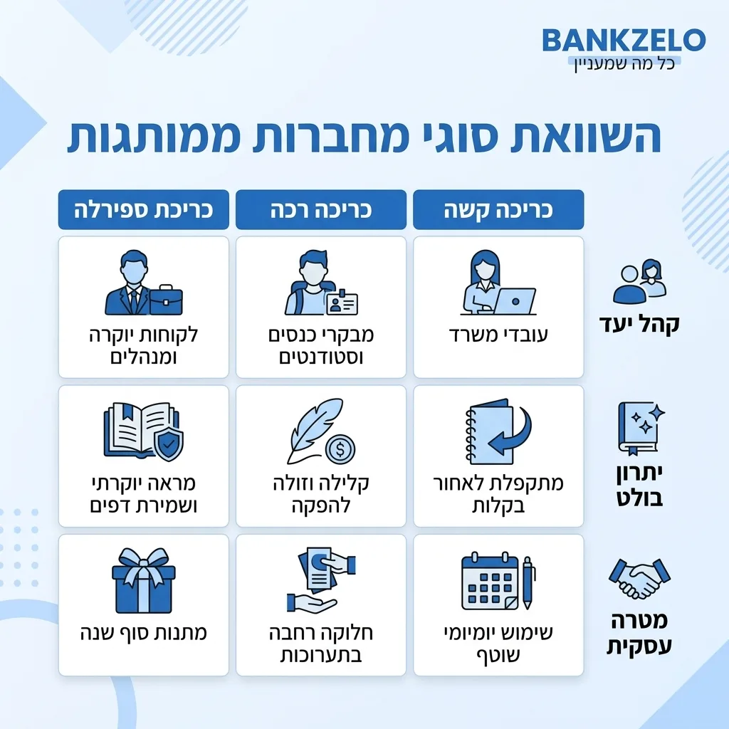 אינפוגרפיקה — השוואת סוגי מחברות ממותגות: השוואה בין כריכה קשה, כריכה רכה, כריכת ספירלה