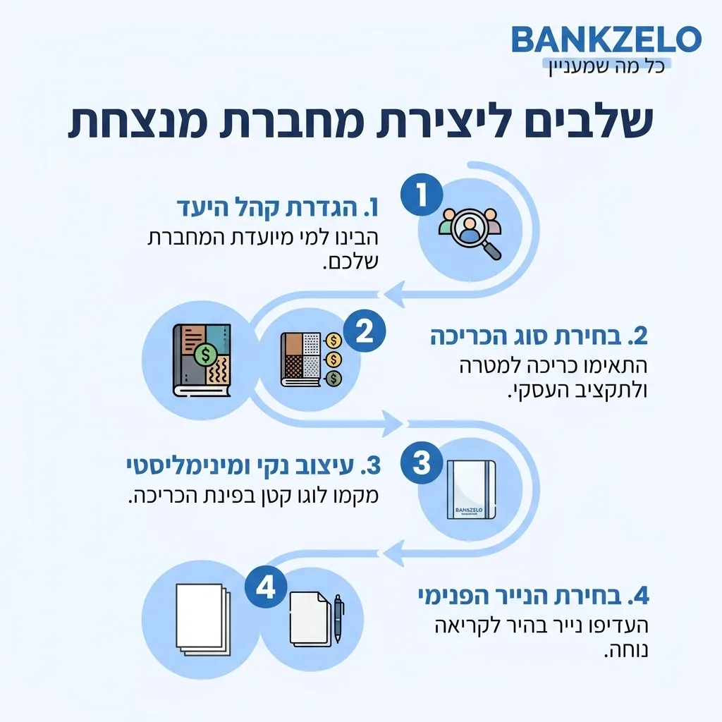 אינפוגרפיקה — שלבים ליצירת מחברת מנצחת: הגדרת קהל היעד, בחירת סוג הכריכה, עיצוב נקי ומינימליסטי, בחירת הנייר הפנימי