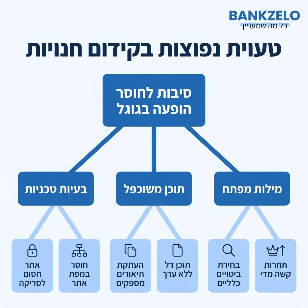 אינפוגרפיקה — טעויות נפוצות בקידום חנויות: סיבות לחוסר הופעה בגוגל