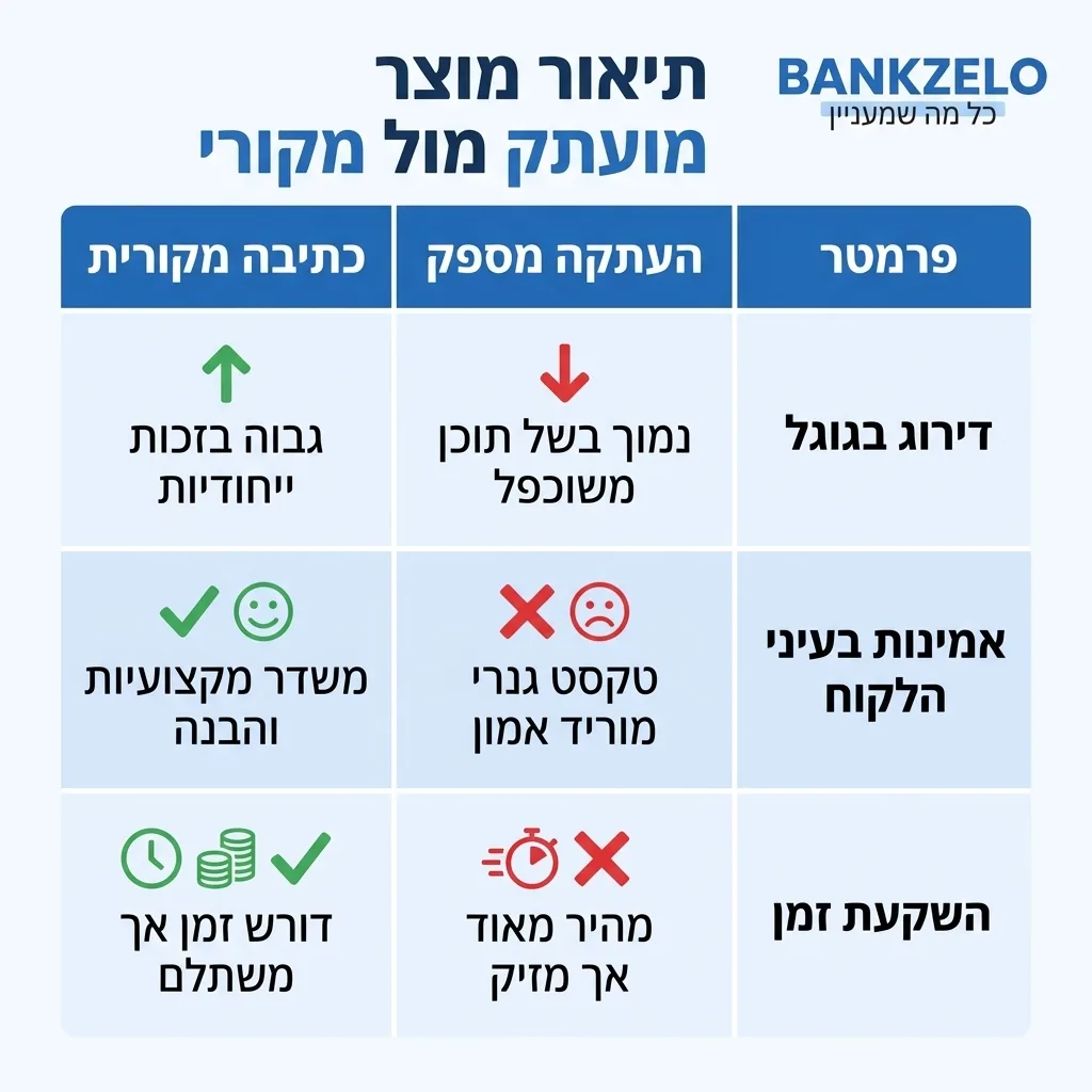 אינפוגרפיקה — תיאור מוצר מועתק מול מקורי: השוואה בין העתקה מספק, כתיבה מקורית