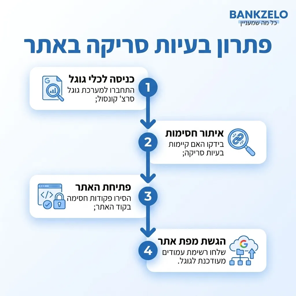 אינפוגרפיקה — פתרון בעיות סריקה באתר: כניסה לכלי גוגל, איתור חסימות, פתיחת האתר, הגשת מפת אתר