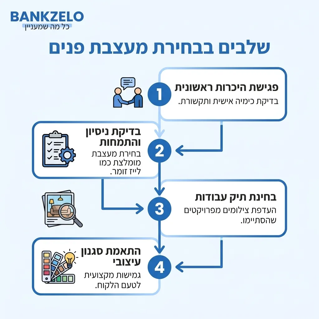 אינפוגרפיקה — שלבים בבחירת מעצבת פנים: פגישת היכרות ראשונית, בדיקת ניסיון והתמחות, בחינת תיק עבודות, התאמת סגנון עיצובי