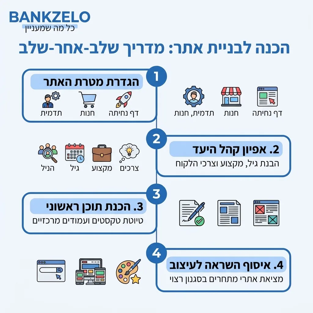 אינפוגרפיקה — הכנה לבניית אתר: הגדרת מטרת האתר, אפיון קהל היעד, הכנת תוכן ראשוני, איסוף השראה לעיצוב