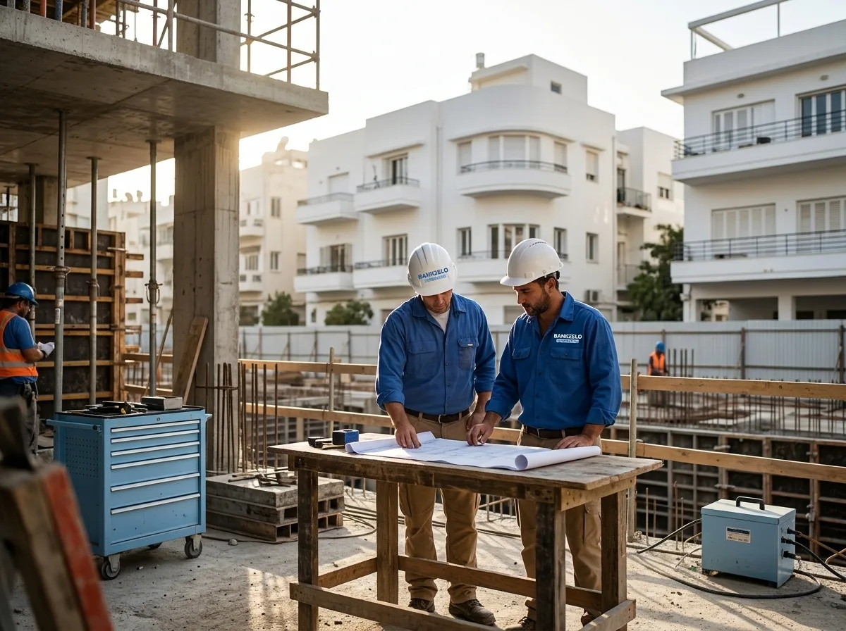 צילום פוטו-ריאליסטי של אתר בנייה קטן בתל אביב, פועלים עם קסדות, ברקע בנייני באוהאוס, שמש בוקר, צבעים טבעיים וחיים