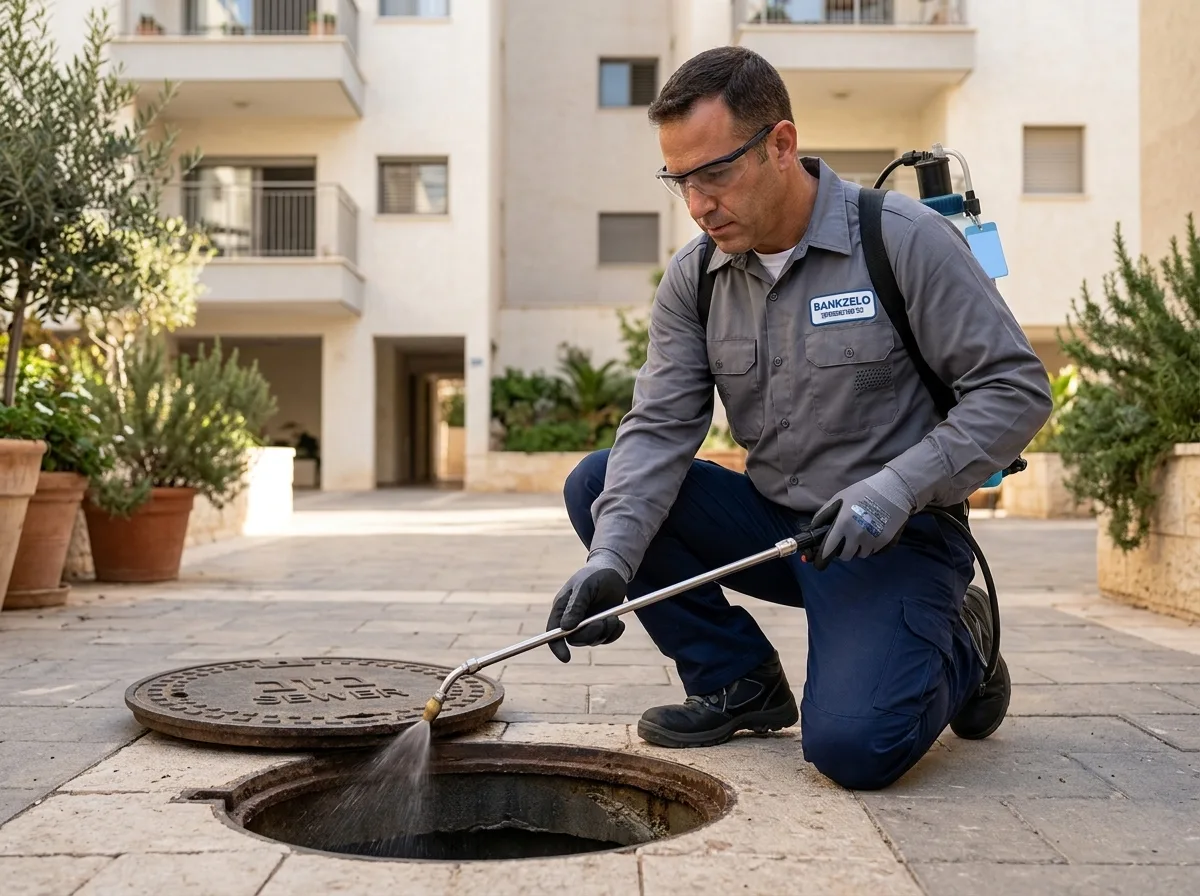 צילום תקריב של מדביר כורע ברך ליד פתח ביוב בחצר של בניין משותף. הוא לובש כפפות מגן ומתיז חומר מתוך פיית ריסוס ארוכה לתוך הפתח, ביום קיץ שמשי.