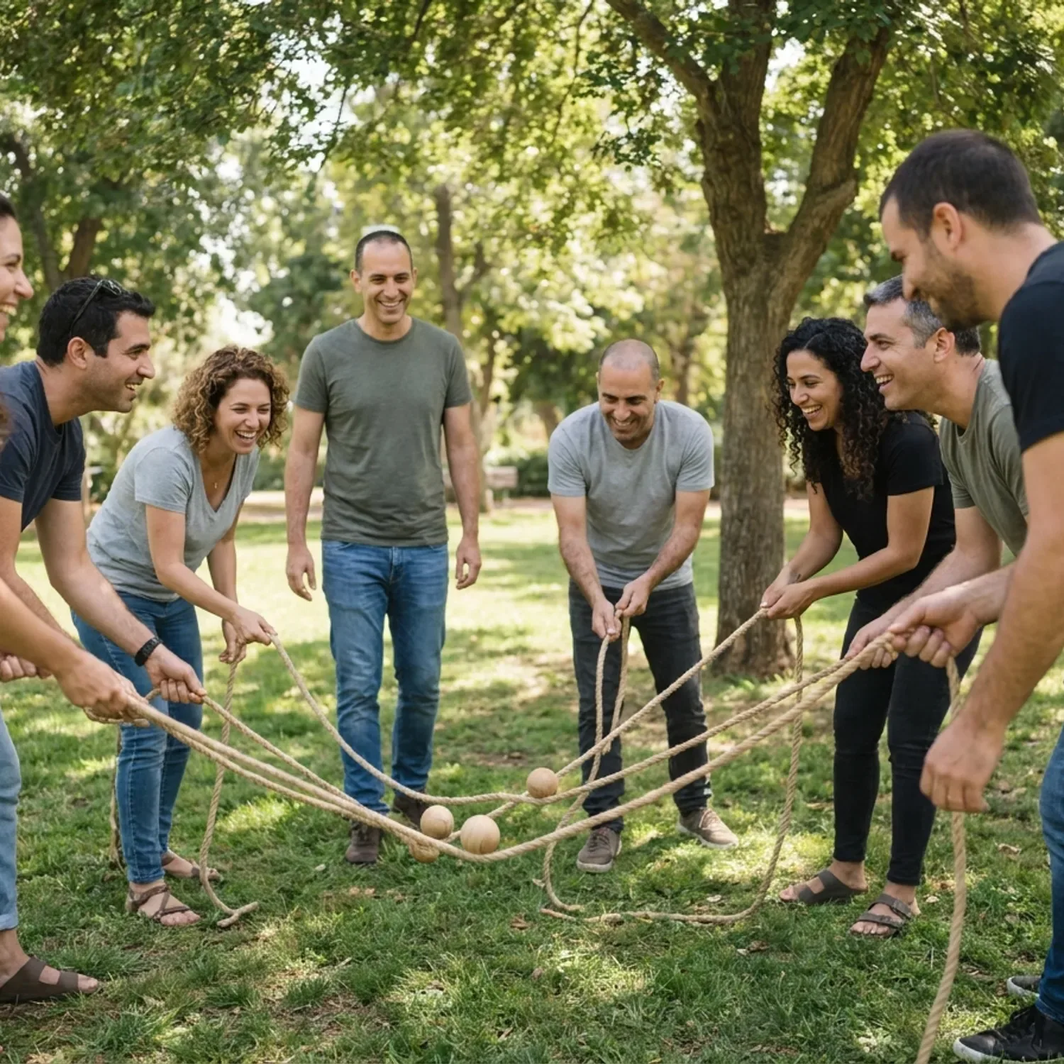 צילום מציאותי באור יום טבעי של קבוצת עובדים ישראלים בגילאים שונים, לבושים בבגדי יומיום נוחים ללא מיתוג, משתפים פעולה במשחק חשיבה קבוצתי עם חבלים וכדורי עץ במדשאה מוצלת בפארק בישראל, אווירה שמחה ורגועה