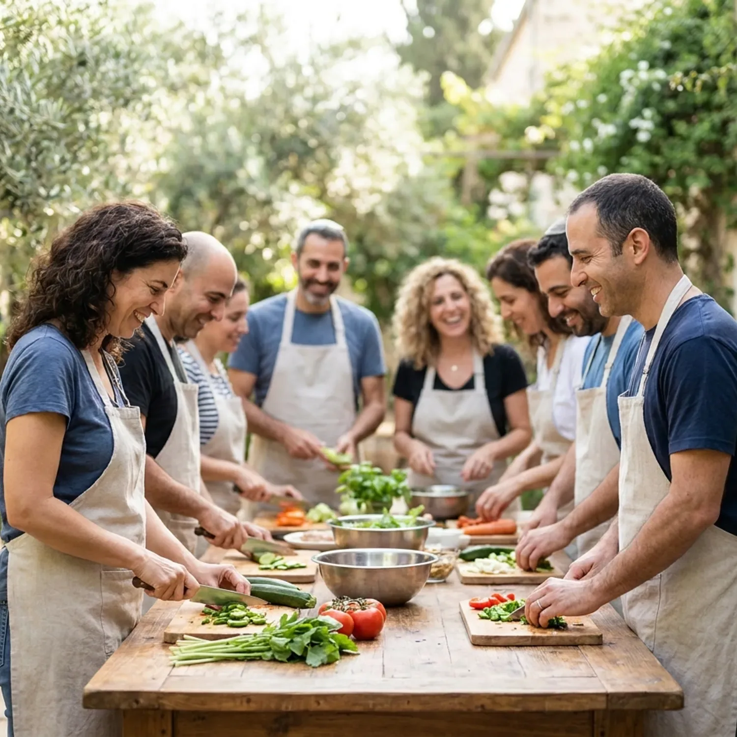 צילום פוטו-ריאליסטי מואר באור טבעי של קבוצת עובדים ישראלים בלבוש יומיומי וסינרים פשוטים חלקים ללא לוגו, מבשלים יחד סביב שולחן עץ רחב בחצר ירוקה בישראל, מחייכים וחותכים ירקות טריים, פוקוס חד ועומק שדה רדוד