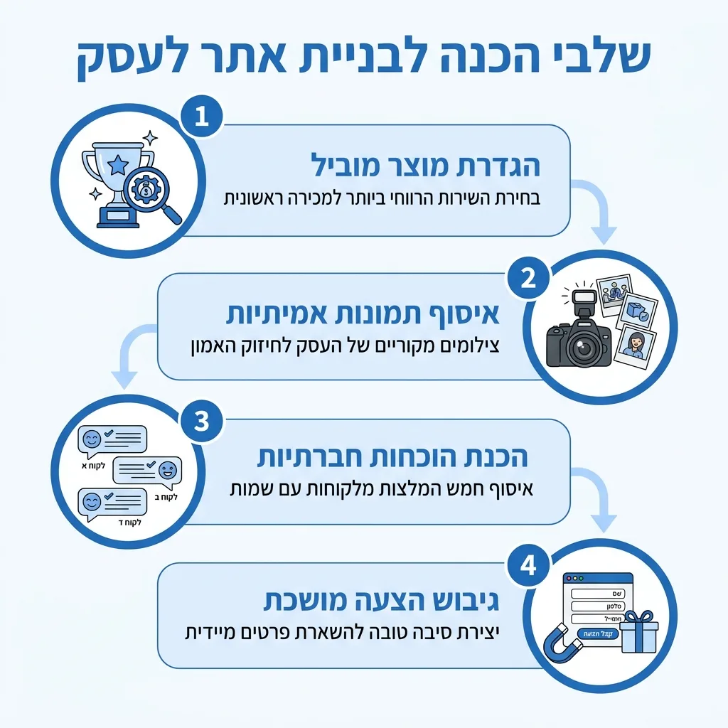 אינפוגרפיקה — שלבי הכנה לבניית אתר לעסק: הגדרת מוצר מוביל, איסוף תמונות אמיתיות, הכנת הוכחות חברתיות, גיבוש הצעה מושכת