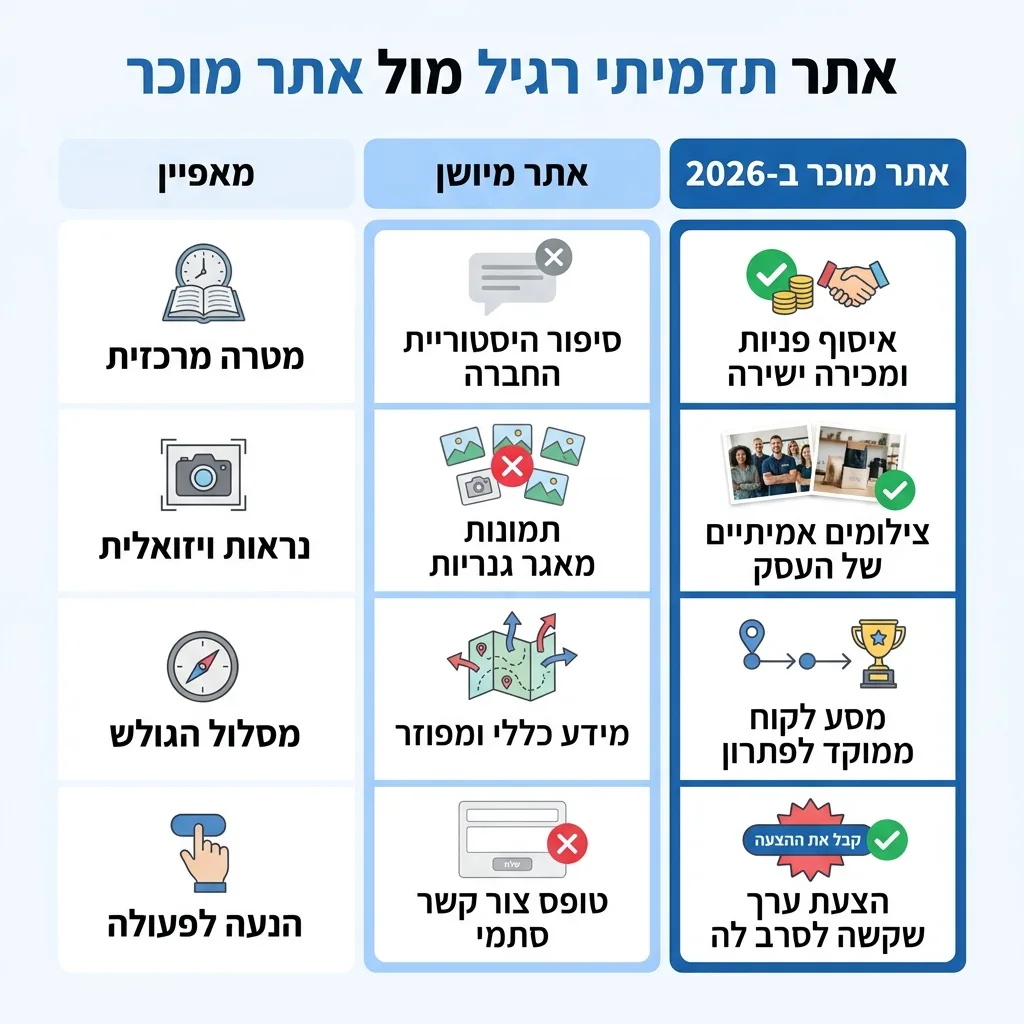 אינפוגרפיקה — אתר תדמיתי רגיל מול אתר מוכר: השוואה בין אתר מיושן, אתר מוכר ב-2026